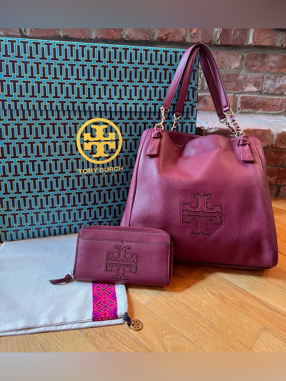 Tory Burch Dark Merlot Burgundy Leather Harper Tote & Continental Wallet Set